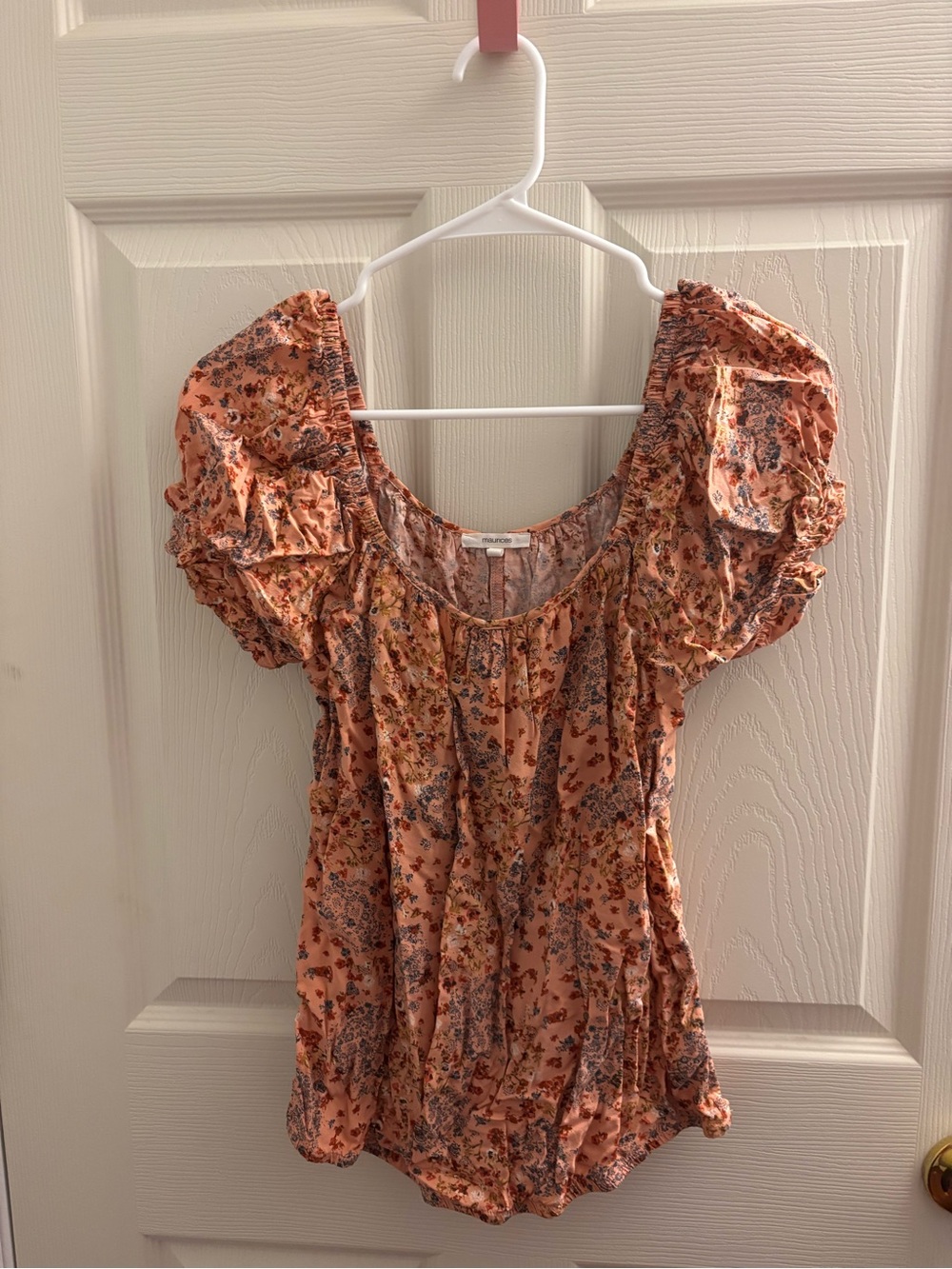 Womens Peach Floral Puff-Sleeve Top M